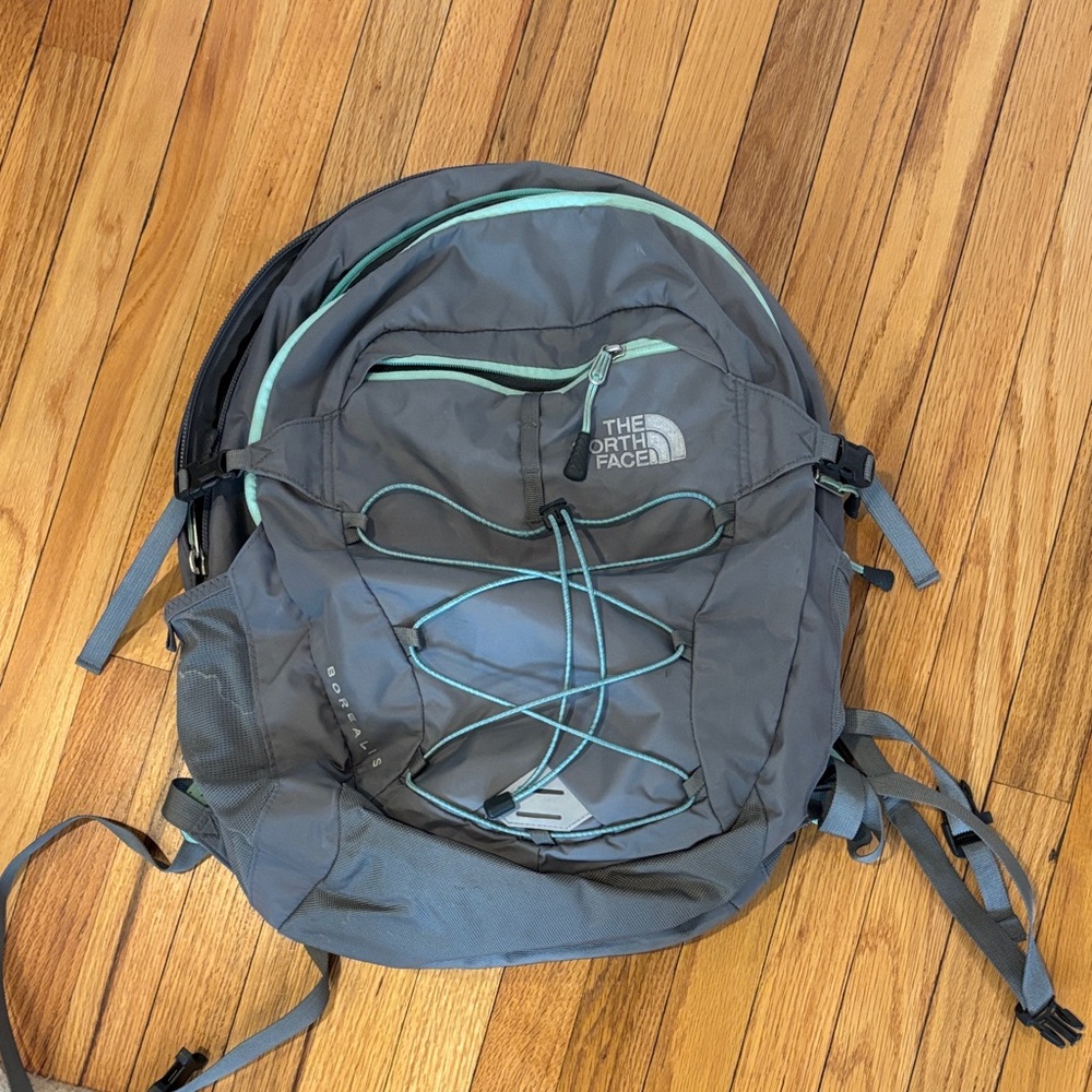 The North Face Charcoal Backpack with Aqua Accents